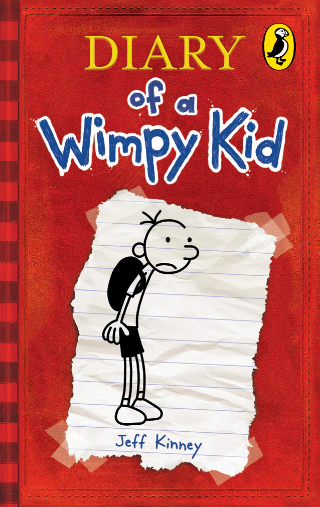 Book cover of 'Diary of a Wimpy Kid' with a red background and cartoon character.