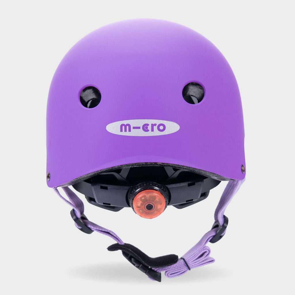 Back of the purple Micro plain helmet showing the rear light and micro logo