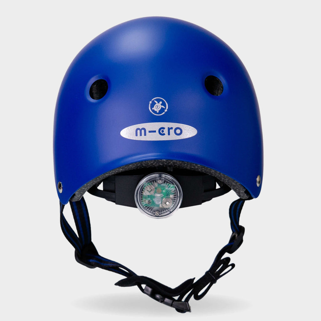 Back of the blue Micro Eco helmet showing the rear light and micro logo