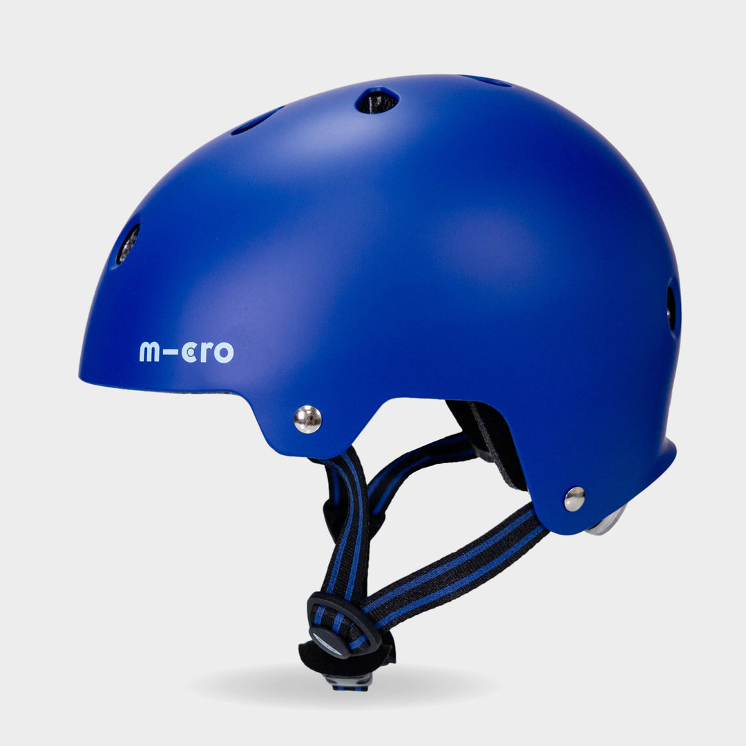 Side view of the blue Micro Eco kids' helmet showing the air vents