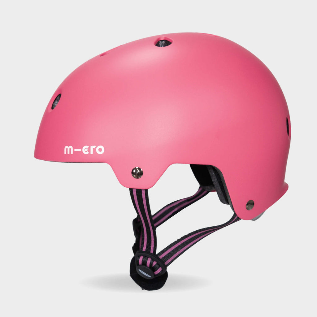 Side view of the pink Micro Eco kids' helmet showing the air vents