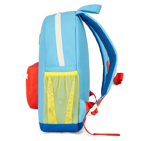 Colorful children's backpack with a yellow mesh pocket on a white background