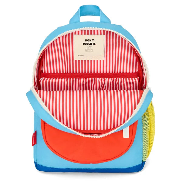 Colorful backpack with open front compartment showing red and white striped lining.
